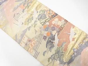 アンティーク　九百錦　屋敷に草花・鶴模様織り出し袋帯(材料)